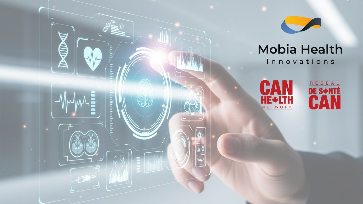 Promotional image for Mobia Health Innovations in partnership with CAN Health Network, featuring a hand interacting with a futuristic digital medical interface displaying health and brain data.