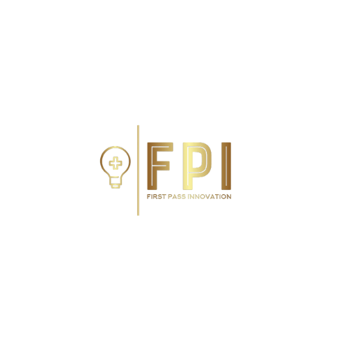 First Pass Innovation logo with a gold gradient ‘FPI’ wordmark, a vertical divider, and a lightbulb icon containing a medical cross, on a white background.