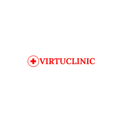 VirtuClinic logo with red medical cross icon and bold red wordmark.